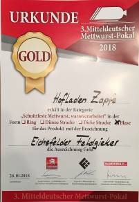 Gold-Urkunde Mitteldeutscher Mettwurst-Pokal - Feldgieker