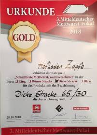 Gold-Urkunde Mitteldeutscher Mettwurst-Pokal 2018 - Stracke